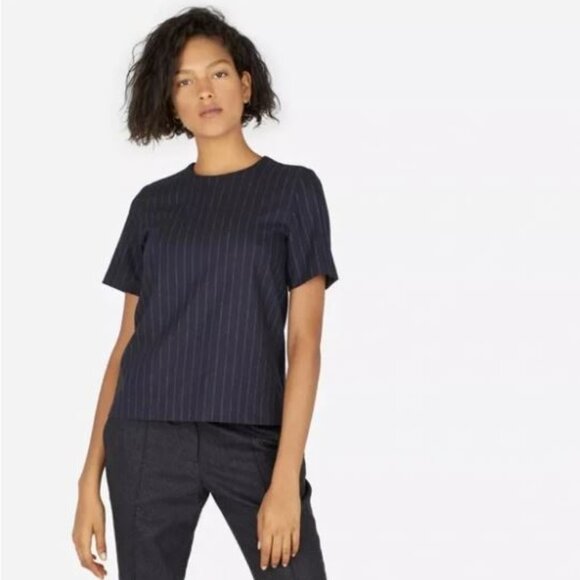 Everlane Blue Grey Pinstripe Boxy Flannel Top Wool Cashmere Faux Back Zip-Size S - Picture 1 of 7